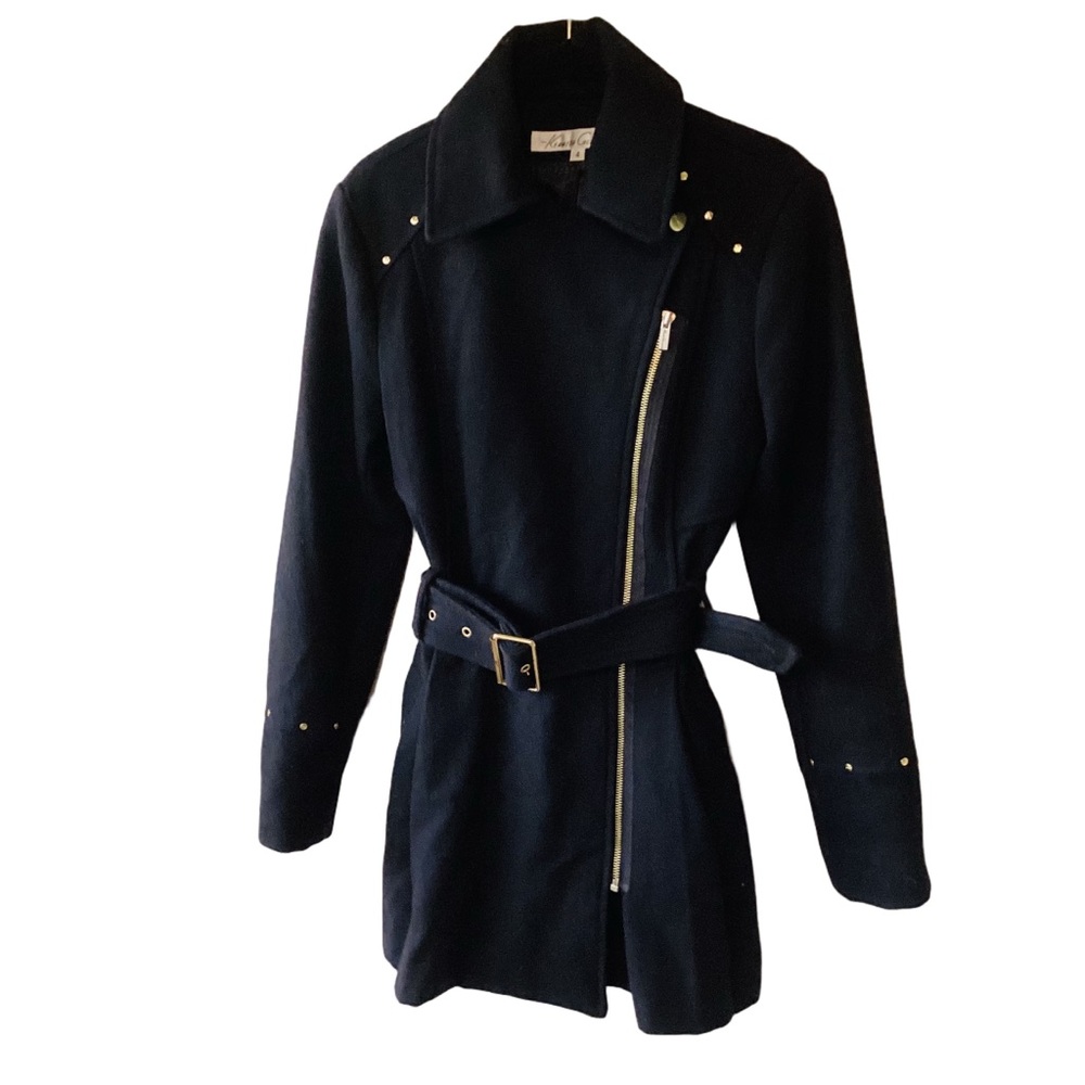 Kenneth Cole Asymmetrical Zip Coat with Belt Size 4 Black Winter Warm Wool Blend